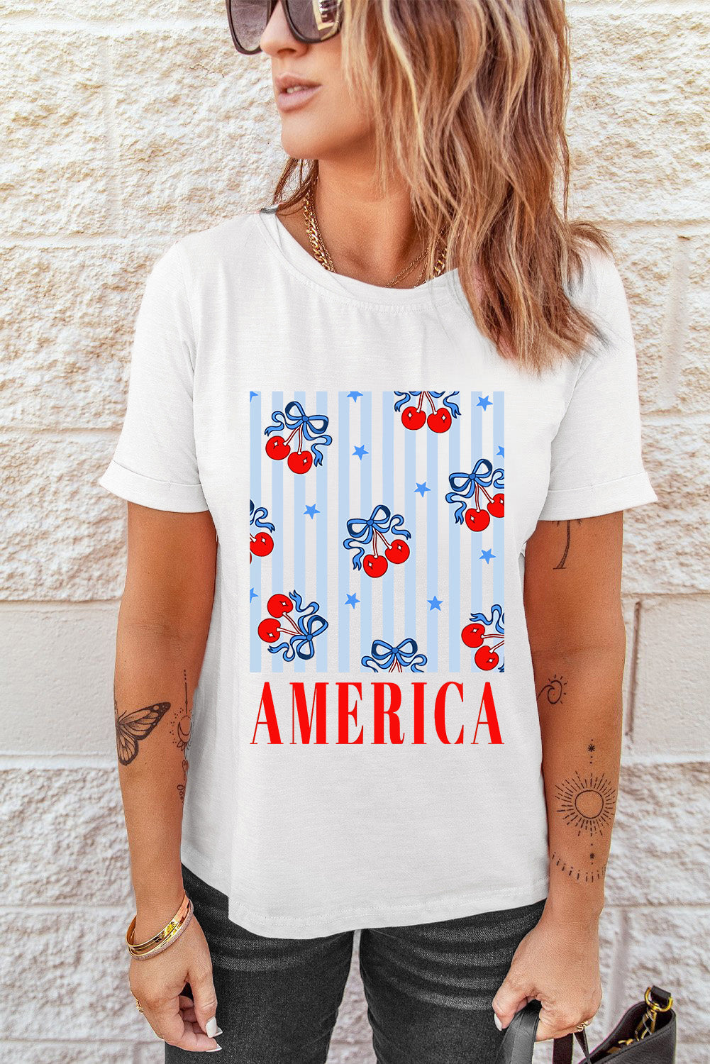 White Bow Cherry AMERICA Graphic Crewneck Patriotic T Shirt