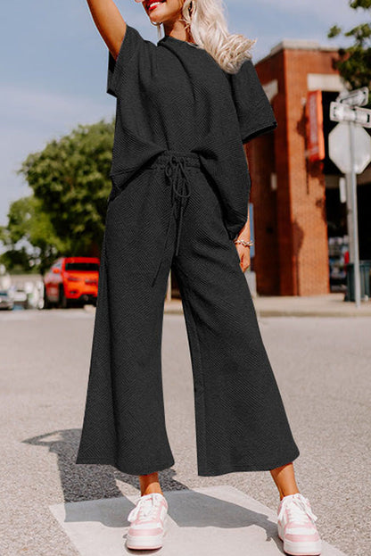 Gray Textured Loose Fit T Shirt and Drawstring Pants Set