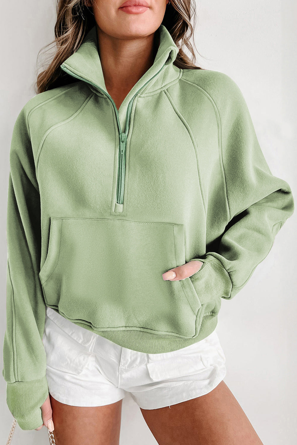Gray Fleece Lined Zip Up Stand Collar Thumbhole Sleeve Sweatshirt