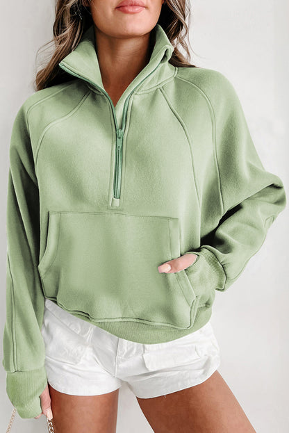 Gray Fleece Lined Zip Up Stand Collar Thumbhole Sleeve Sweatshirt