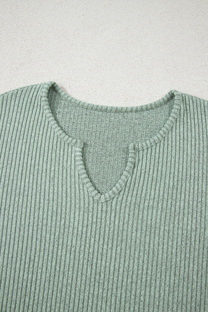 Grass Green Ribbed Notched Neck Knit Long Sleeve Leggings Two Pieces Lounge Set