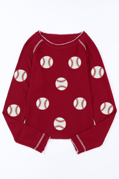 Red Baseball Patched Patterned Game Day Waffle Raglan Top