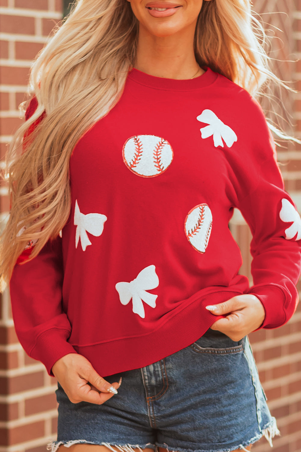 Red Sequin Baseball Bow Patched Pattern Game Day Pullover Sweatshirt