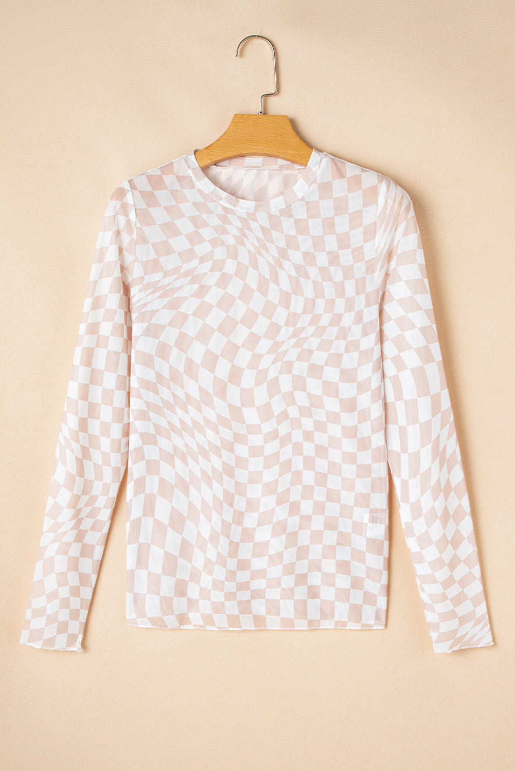 Rose Checkered Pattern Mesh Mock Neck Long Sleeve Top