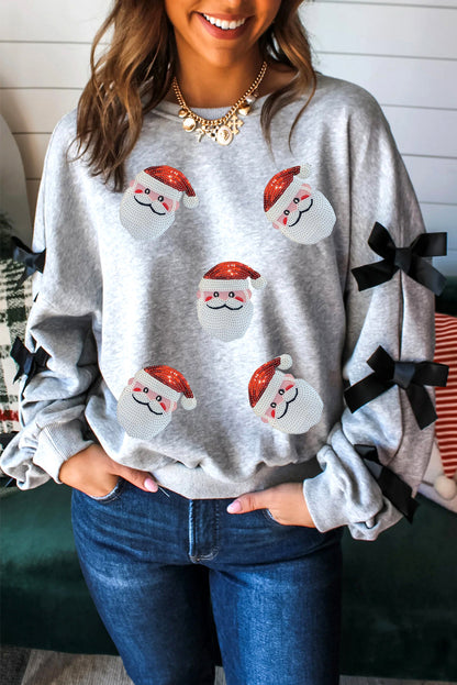 Light Grey Sequin Santa Claus Patched Ribbon Bow Detail Split Sleeve Baggy Sweatshirt