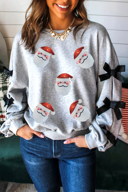 Light Grey Sequin Santa Claus Patched Ribbon Bow Detail Split Sleeve Baggy Sweatshirt
