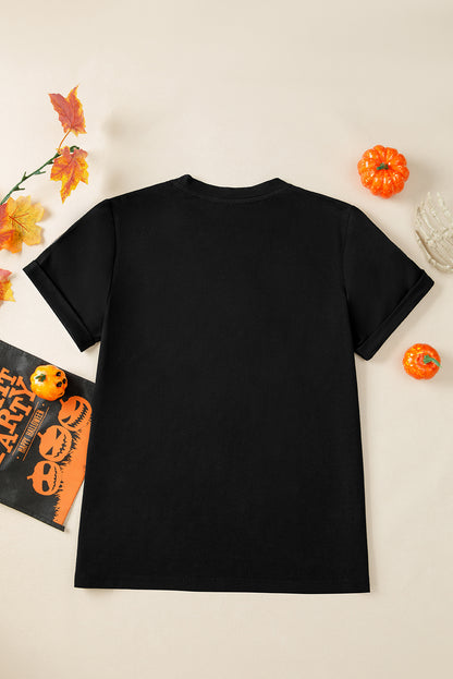 Black Sequin Pumpkin Face Halloween T Shirt