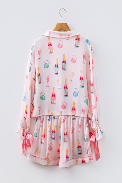 White Christmas Wine Glass Print Bow Knot Two Piece Pajama Set