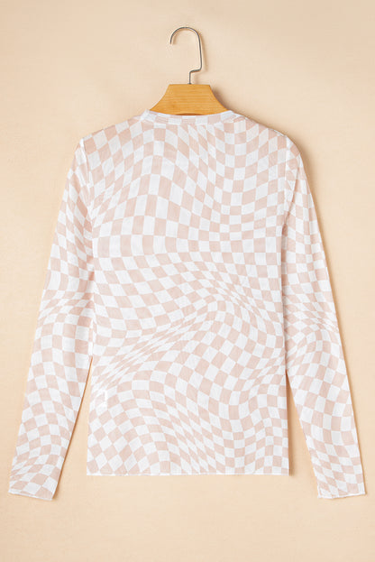 Rose Checkered Pattern Mesh Mock Neck Long Sleeve Top