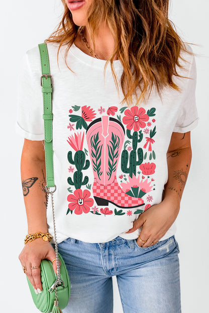 White Western Boots Flower Print Round Neck T Shirt
