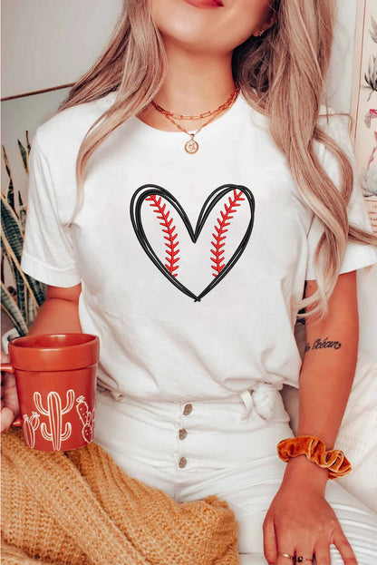 White Baseball Heart Shape Embroidery Graphic Tee