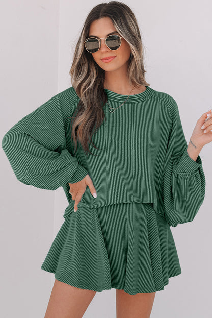 Jet Stream Corded Lantern Sleeve Top High Waist Ruffled Mini Skirt Set