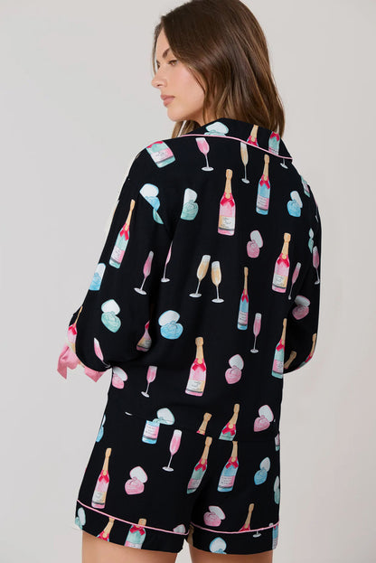 White Christmas Wine Glass Print Bow Knot Two Piece Pajama Set