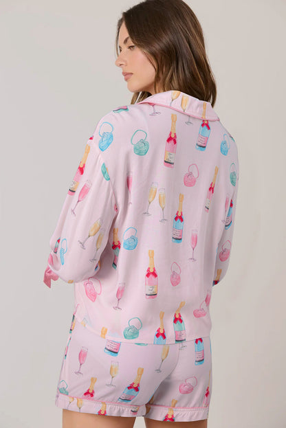 White Christmas Wine Glass Print Bow Knot Two Piece Pajama Set