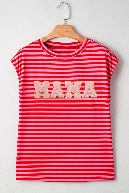 Red Stripe MAMA Graphic Cap Sleeve T Shirt