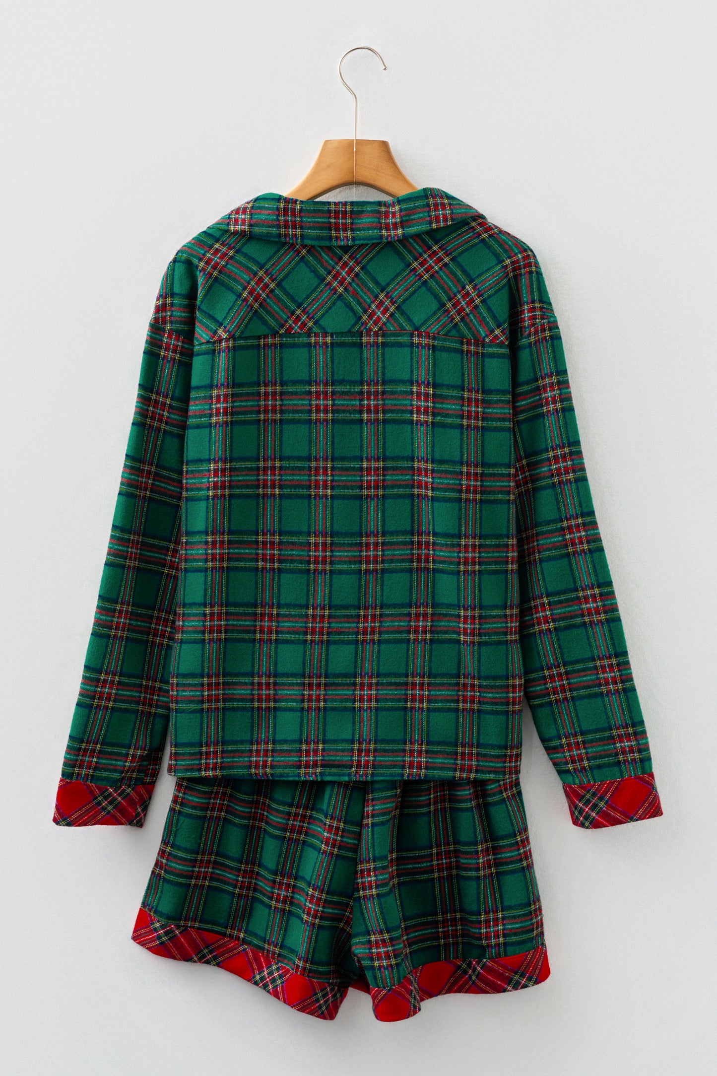Dearlovers Red Plaid Contrast Patched Christmas Holiday Long Sleeve Shirt and Short 2pcs Pajama Set