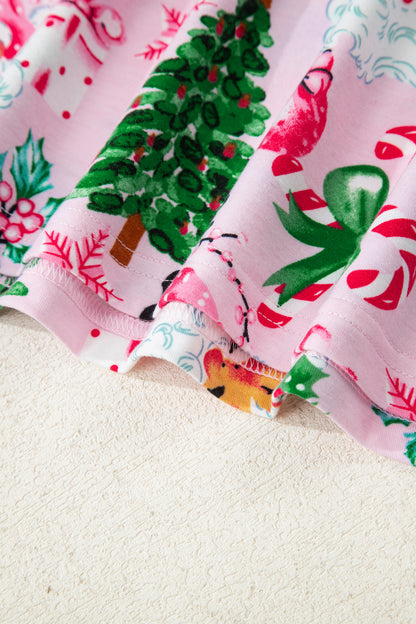 White Christmas Pattern Button V Neck Pullover Drawstring Pants 2pcs Lounge Set