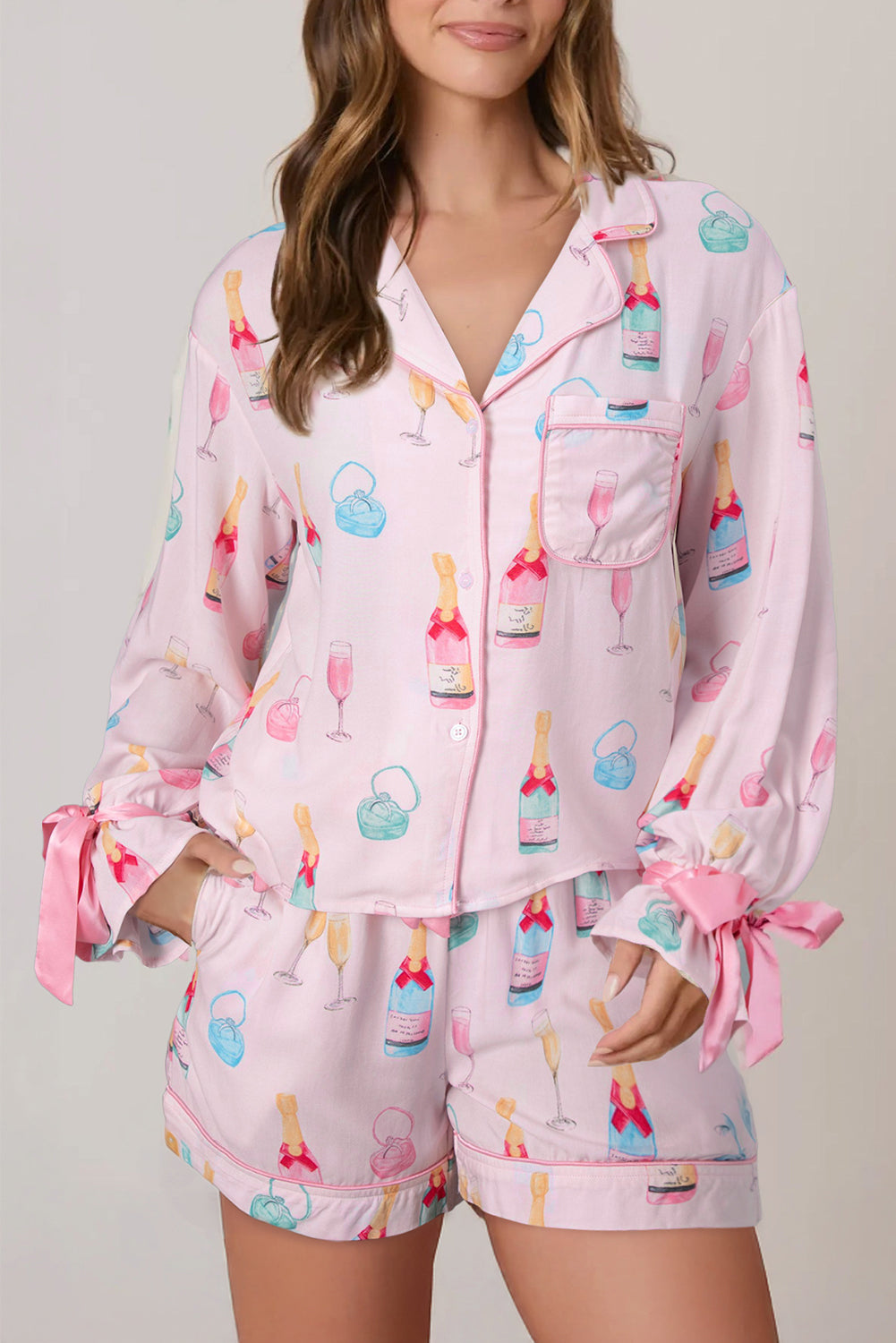 White Christmas Wine Glass Print Bow Knot Two Piece Pajama Set
