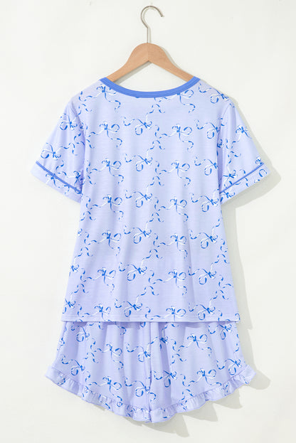 Sky Blue Bow Printed Ruffled Short Lounge Set