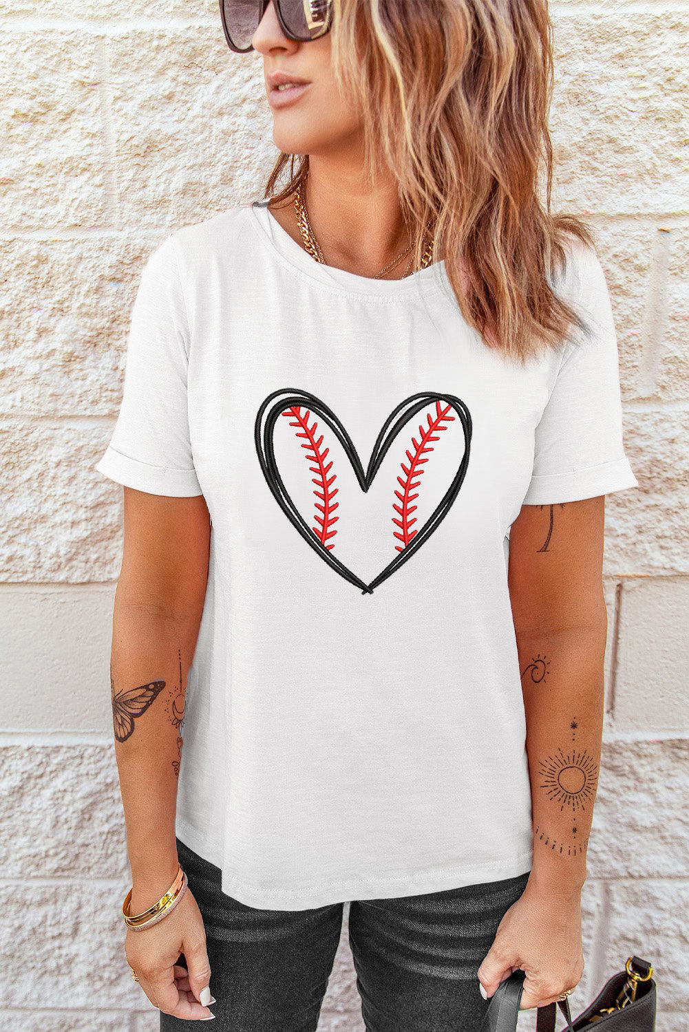 White Baseball Heart Shape Embroidery Graphic Tee