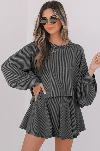 Jet Stream Corded Lantern Sleeve Top High Waist Ruffled Mini Skirt Set