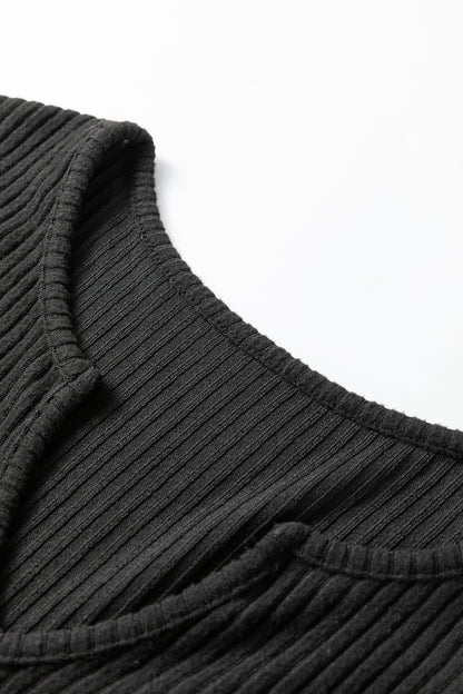Grass Green Ribbed Notched Neck Knit Long Sleeve Leggings Two Pieces Lounge Set