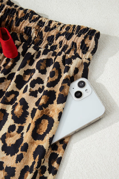 Racing Red Retro Plaid Leopard Print Patchwork Long Sleeve Shorts Pajama Set