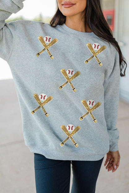 Gray Sequin Baseball Game Day Graphic Casual Sweatshirt