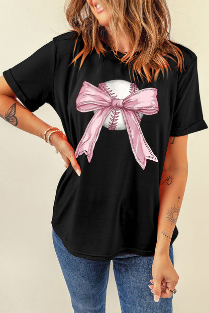 Black Baseball Bow Knot Print Round Neck T Shirt