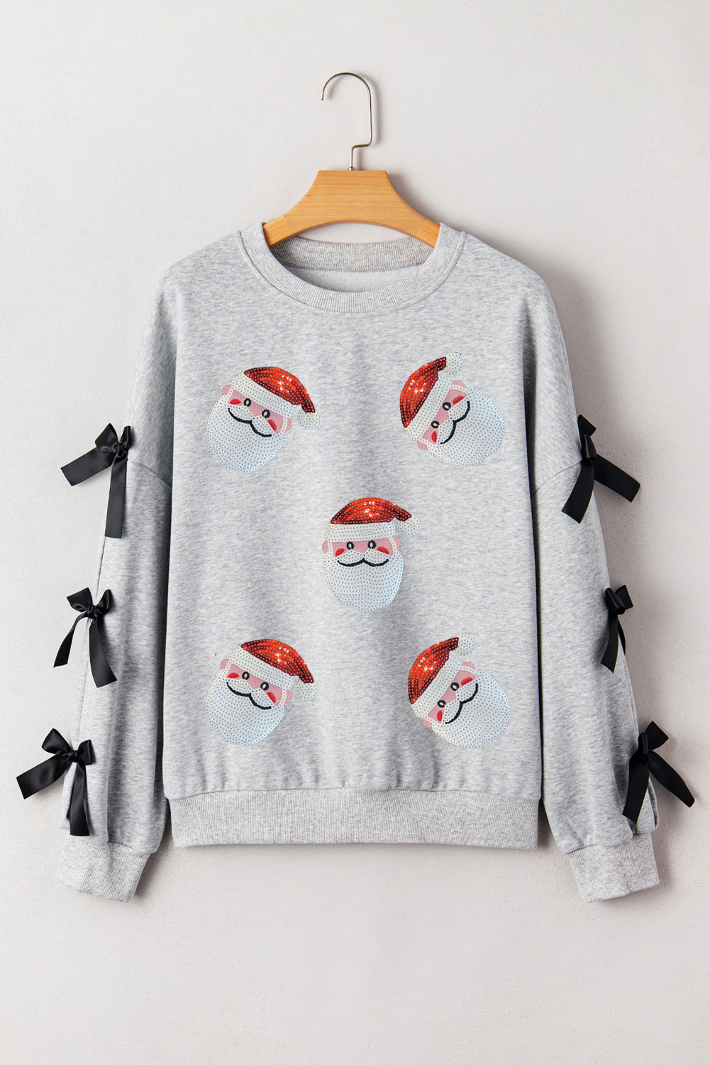 Light Grey Sequin Santa Claus Patched Ribbon Bow Detail Split Sleeve Baggy Sweatshirt