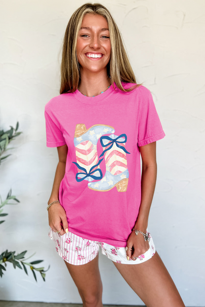 Sachet Pink Flag Pattern Boots Bow Accent Casual Graphic Tee