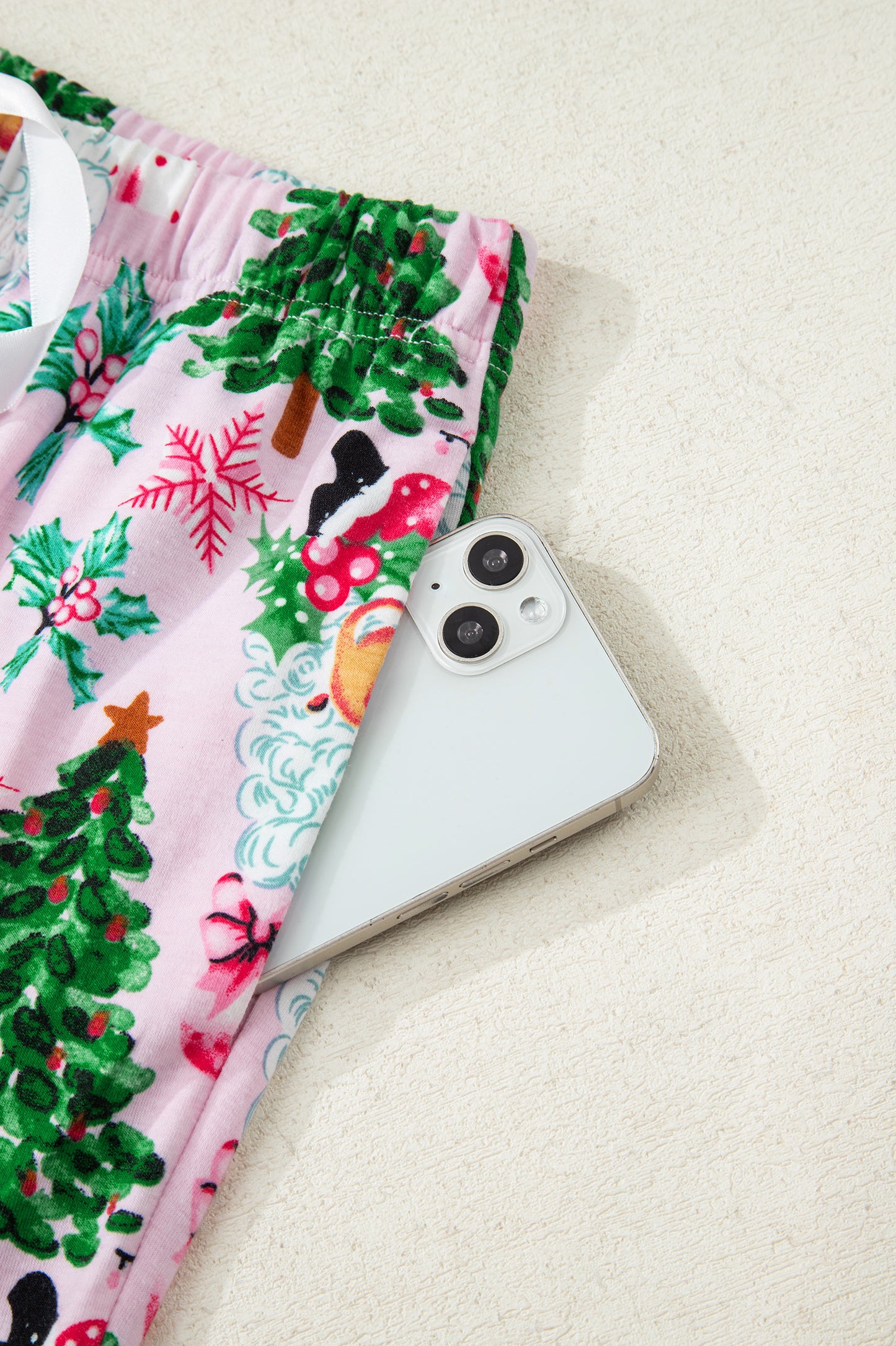 White Christmas Pattern Button V Neck Pullover Drawstring Pants 2pcs Lounge Set