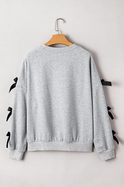 Light Grey Sequin Santa Claus Patched Ribbon Bow Detail Split Sleeve Baggy Sweatshirt