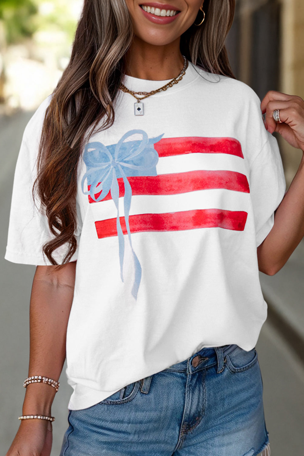 Light Pink Flag Bow Graphic Crewneck Tee