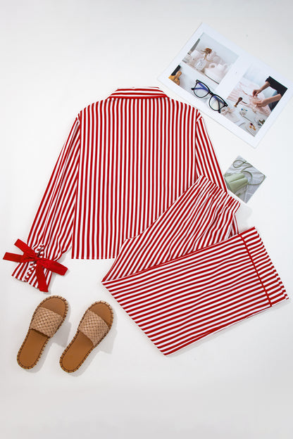 Red Stripe Contrast Velvet Trim Bow Knot Waist 2pcs Pajama Set