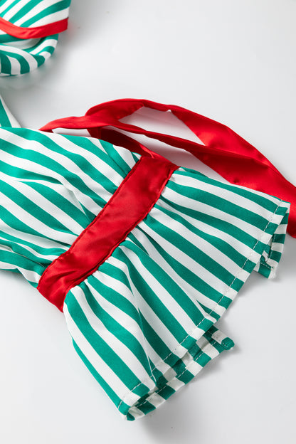 Red Stripe Contrast Velvet Trim Bow Knot Waist 2pcs Pajama Set