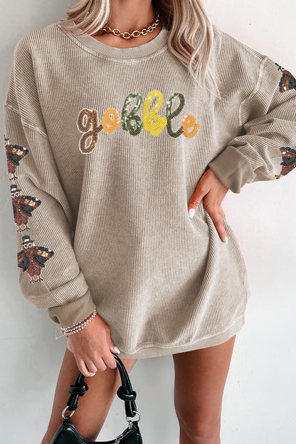 Smoke Gray Corded Ribbed Thanksgiving Turkey Sequin Patched Sleeve gobble Baggy Sweatshirt