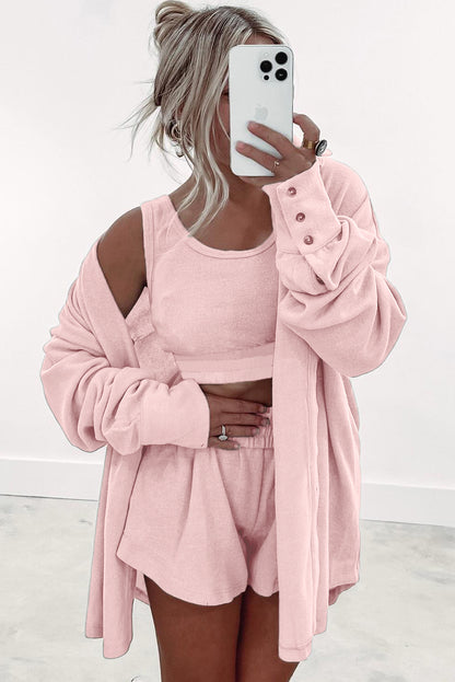 Gray 3 Pcs Crop Tank Top Shorts with Cardigan Lounge Set