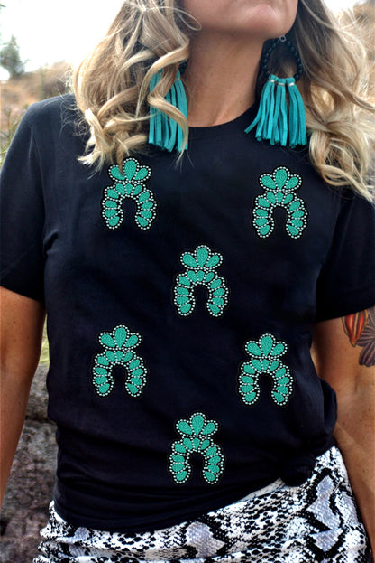 Black Western Turquoise Pattern Sequin Patched T Shirt