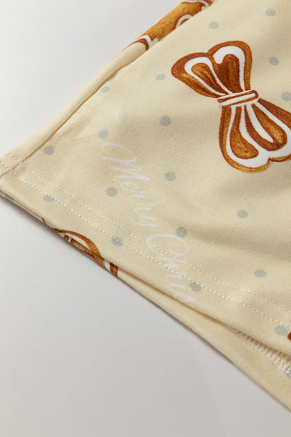 Beige Gingerbread Man Christmas Print Long Sleeve Pullover Lounge Short Set