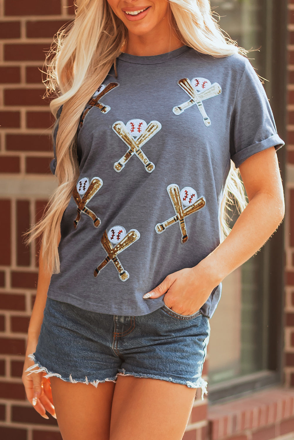 Gray Sequined Game Day Casual Tee