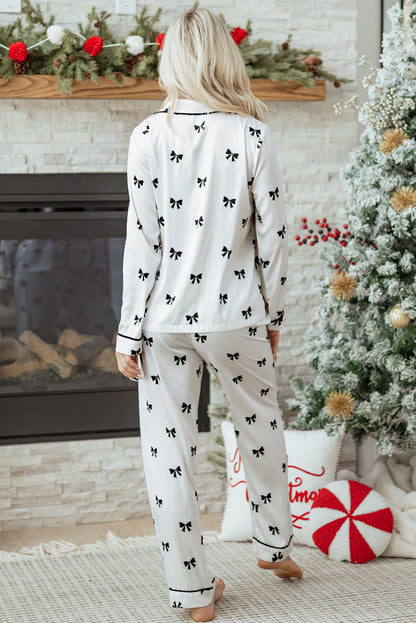 White Bows Print Two Piece Sleepwear