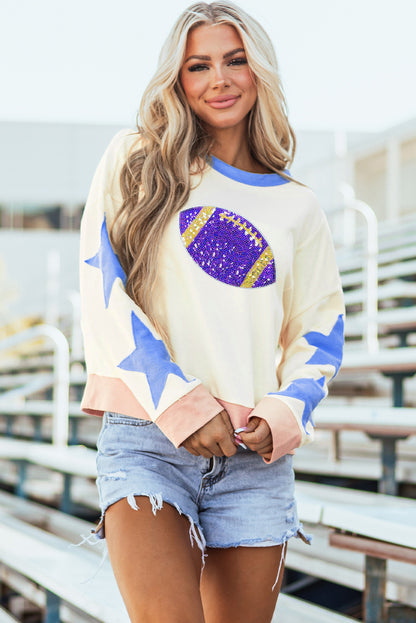 Beige Sequin Rugby Graphic Starry Patched Contrast Trim Game Day Sweatshirt