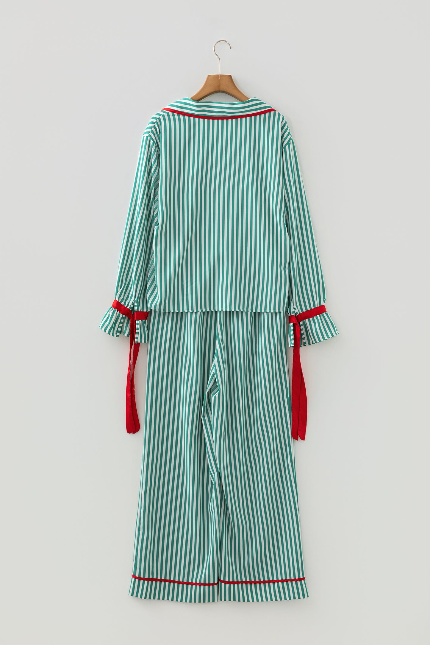 Red Stripe Contrast Velvet Trim Bow Knot Waist 2pcs Pajama Set