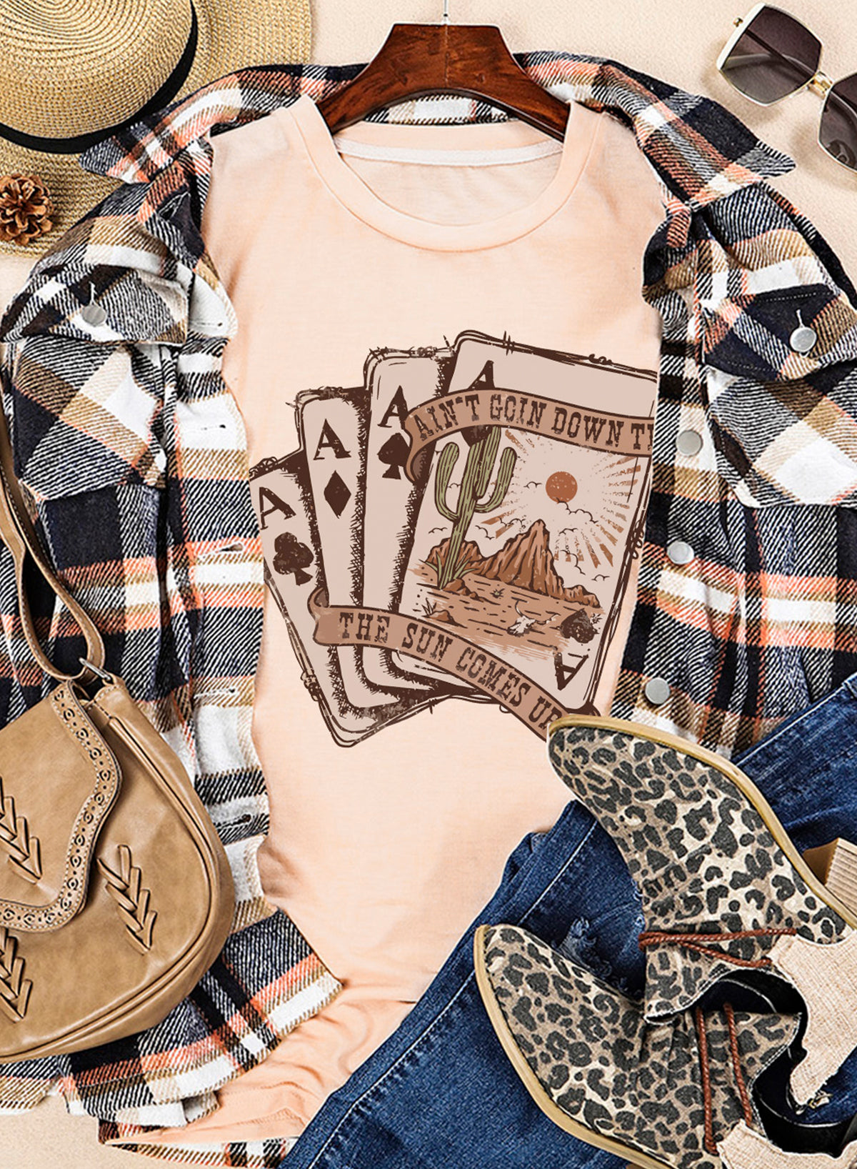 Khaki Western Poker Cards Graphic T Shirt