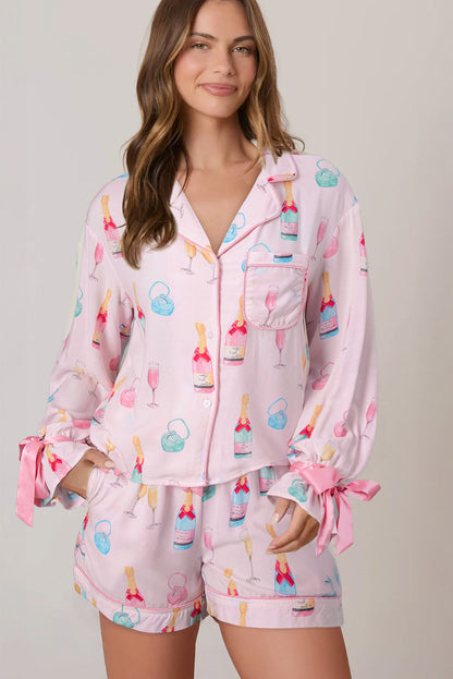 White Christmas Wine Glass Print Bow Knot Two Piece Pajama Set