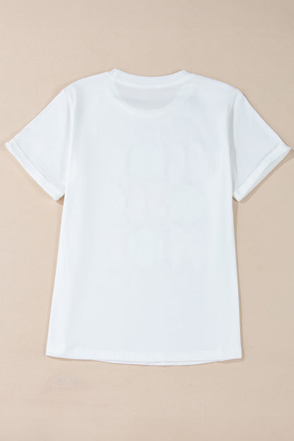 White Bow Tie Baseball Print Round Neck Casual Tee