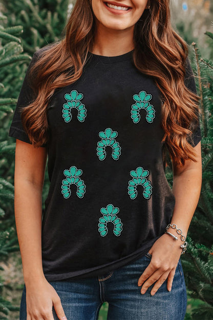 Black Western Turquoise Pattern Sequin Patched T Shirt