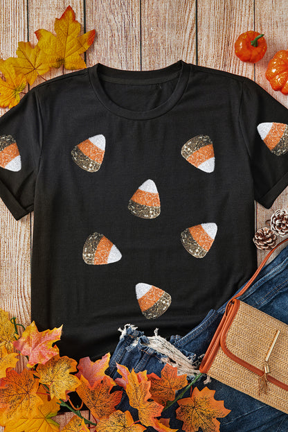 Black Sequin Candy Patched Pattern Halloween T Shirt