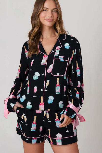 White Christmas Wine Glass Print Bow Knot Two Piece Pajama Set